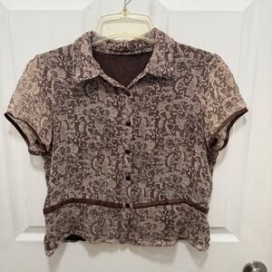 Vtg Silk Brown Sheer Romantic Fairy Cottagecore Short Sleeve Button Up Top
